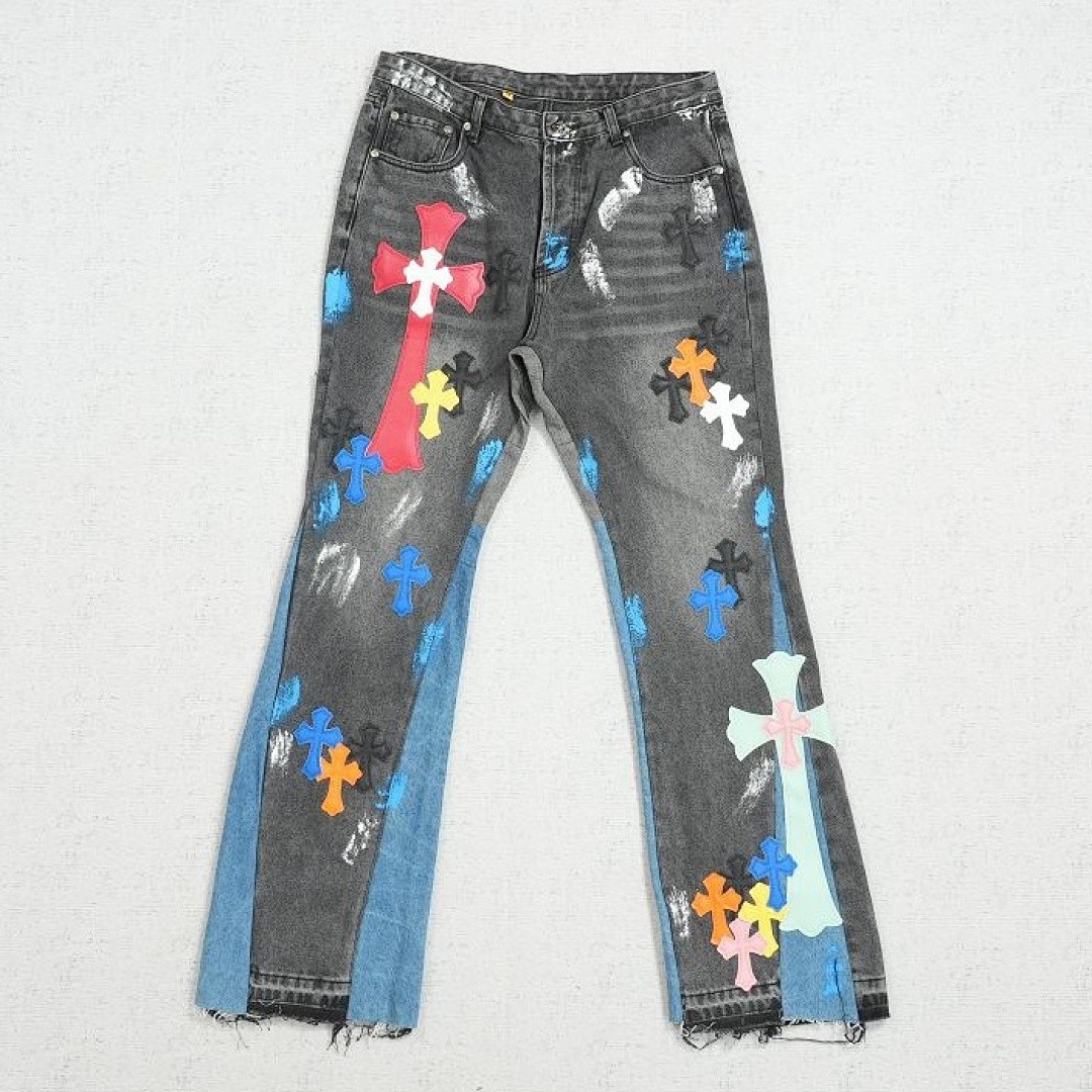 CHROME HEARTS MULTI COLOR CROSS PATCH FLARED JEANS BLACK DENIM