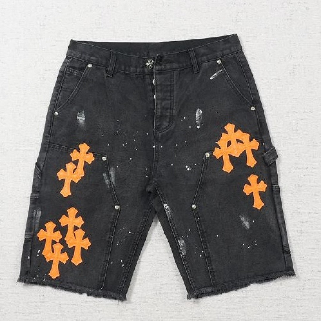CHROME HEARTS MATTY BOY SEX RECORDS DENIM SHORTS BLACK/ORANGE