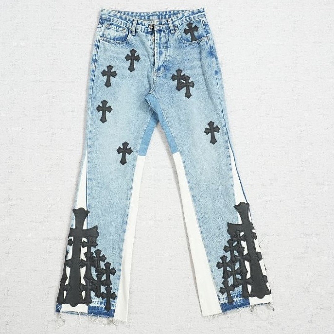CHROME HEARTS X GALLERY DEPT CROSS PATCH FLARE DENIM JEANS BLUE/WHITE/BLACK