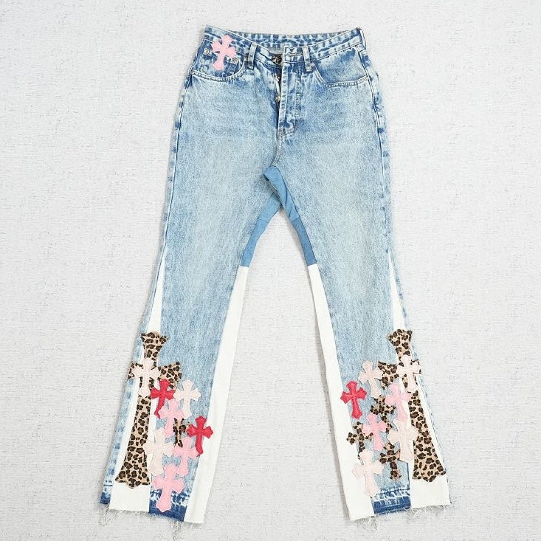 CHROME HEARTS LEOPARD AND PINK PATCH FLARED JEANS BLUE
