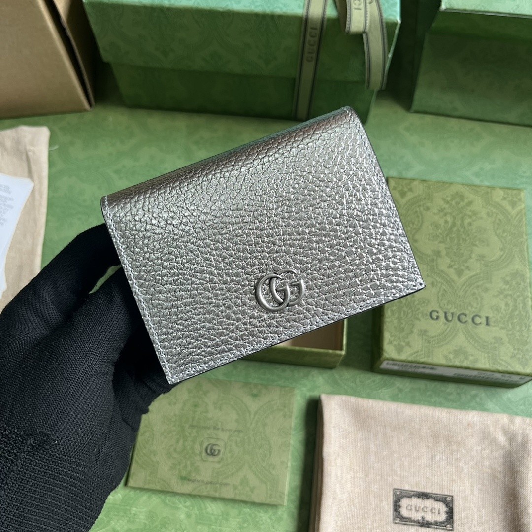 GUCCI GG MARMONT METALLIC LEATHER CARD CASE WALLET SILVER