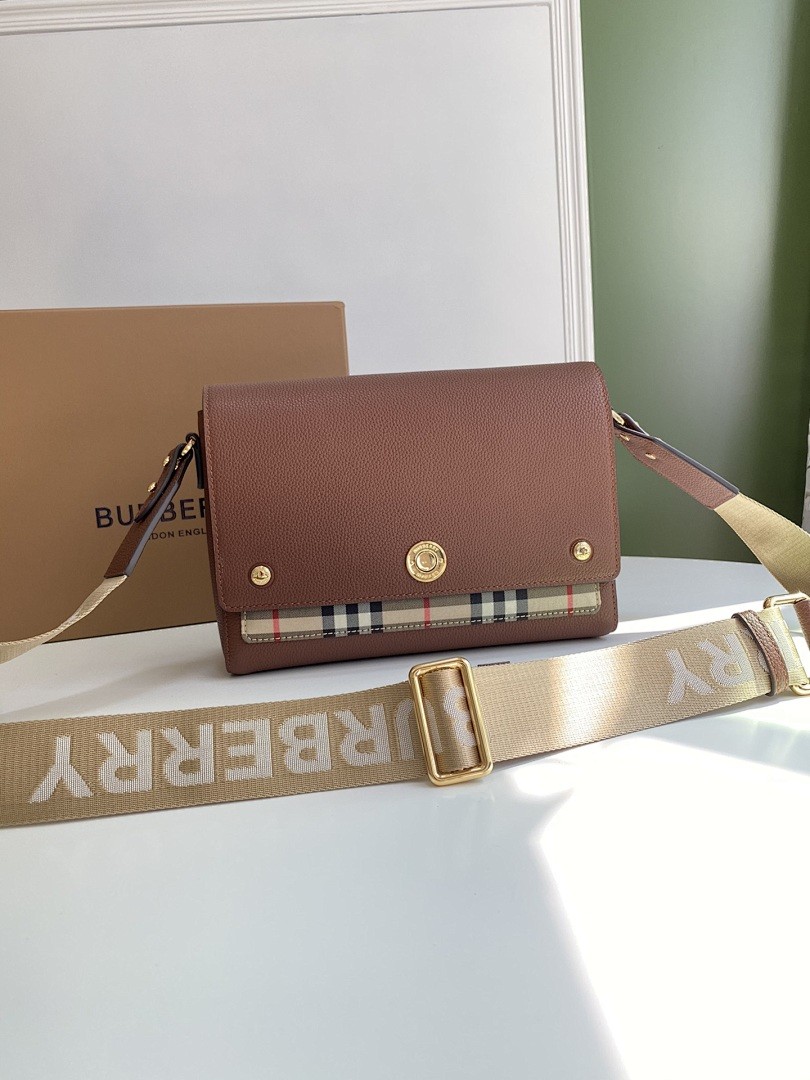BURBERRY SMALL NOTE VINTAGE CHECK AND LEATHER CROSSBODY BAG TAN