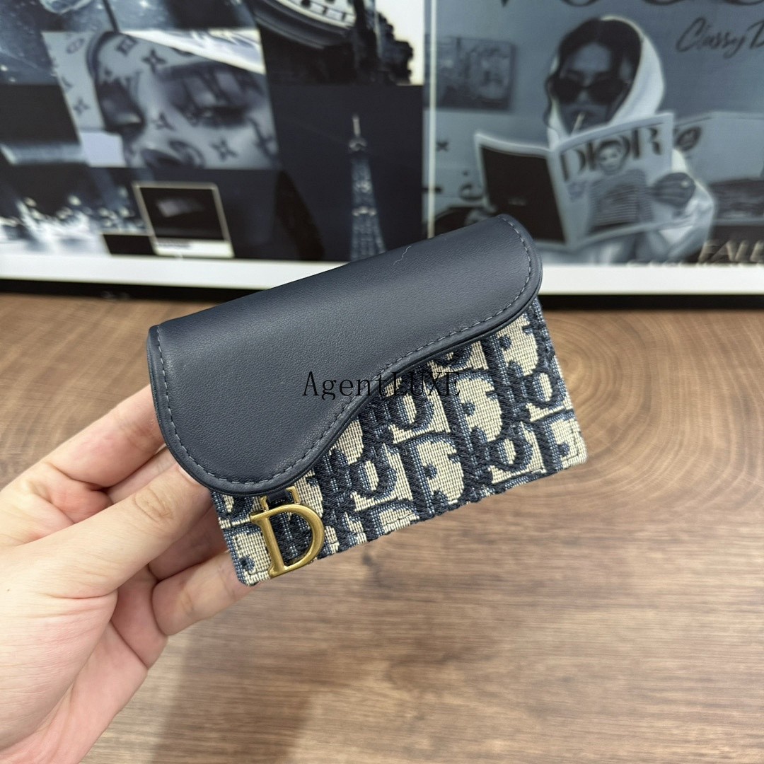 DIOR SADDLE FLAP CARD HOLDER BLUE OBLIQUE JACQUARD