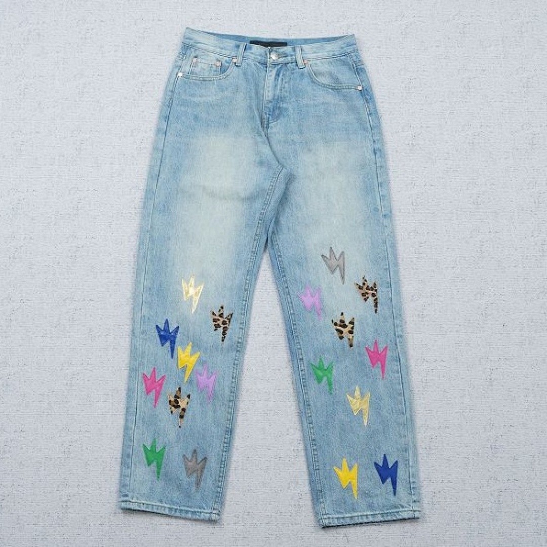 CHROME HEARTS LIGHTNING EMBROIDERED WASHED BAGGY JEANS LIGHT WASH
