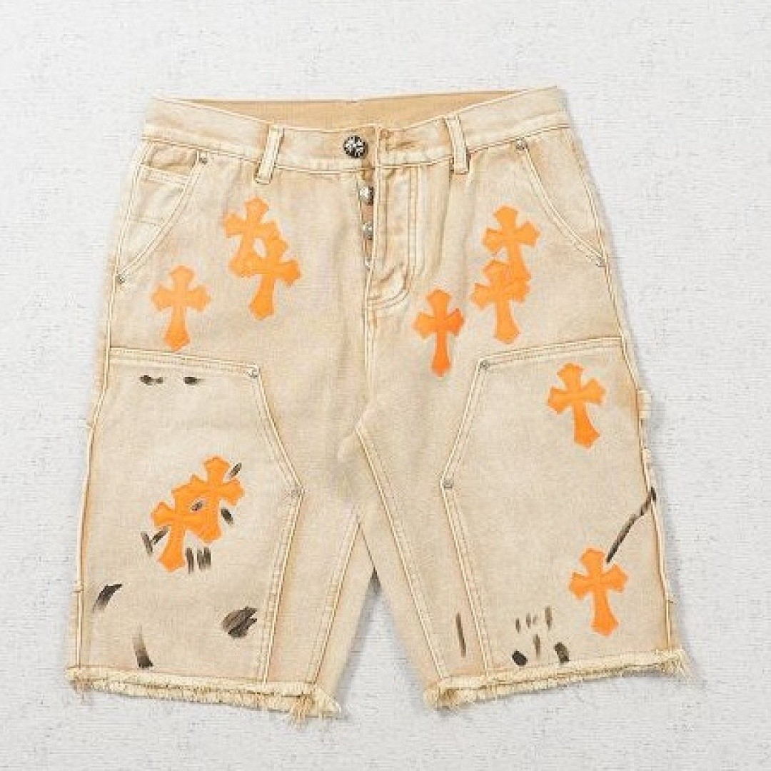 GALLERY DEPT. X CHROME HEARTS CROSS PATCH DENIM CARPENTER SHORTS ORANGE/TAN