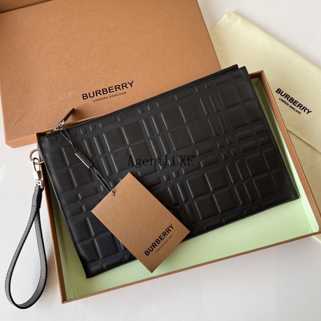 BURBERRY EMBOSSED CHECK LEATHER LARGE ZIP POUCH BLACK