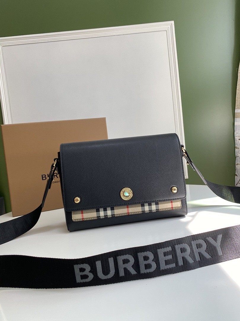 BURBERRY NOTE LEATHER AND VINTAGE CHECK CROSSBODY BAG BLACK