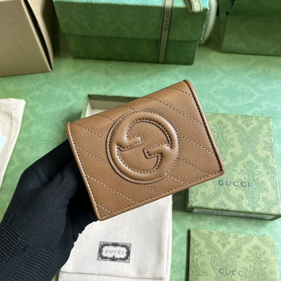 GUCCI BLONDIE DIAGONAL QUILTED CARD CASE WALLET BROWN