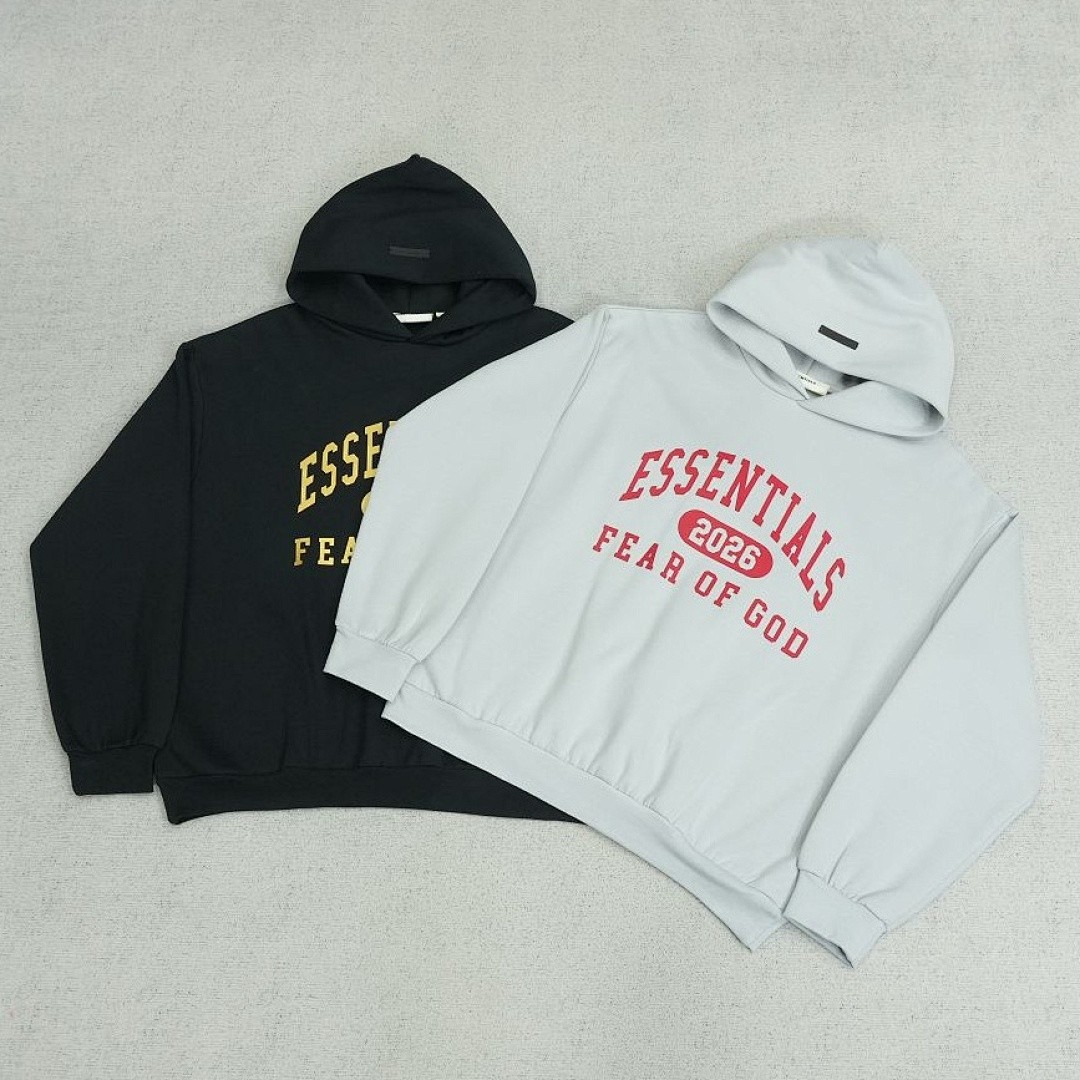 FEAR OF GOD ESSENTIALS VARSITY LOGO HOODIE GREY