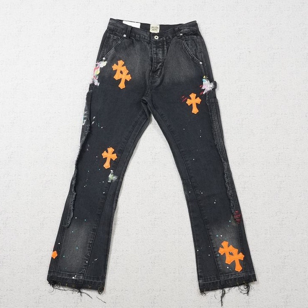 CHROME HEARTS X GALLERY DEPT. CROSS PATCH FLARE DENIM JEANS BLACK/ORANGE