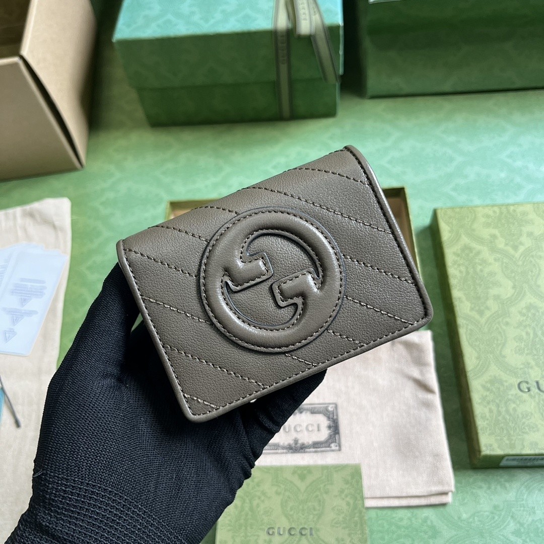 GUCCI BLONDIE CARD CASE WALLET QUILTED LEATHER GREY