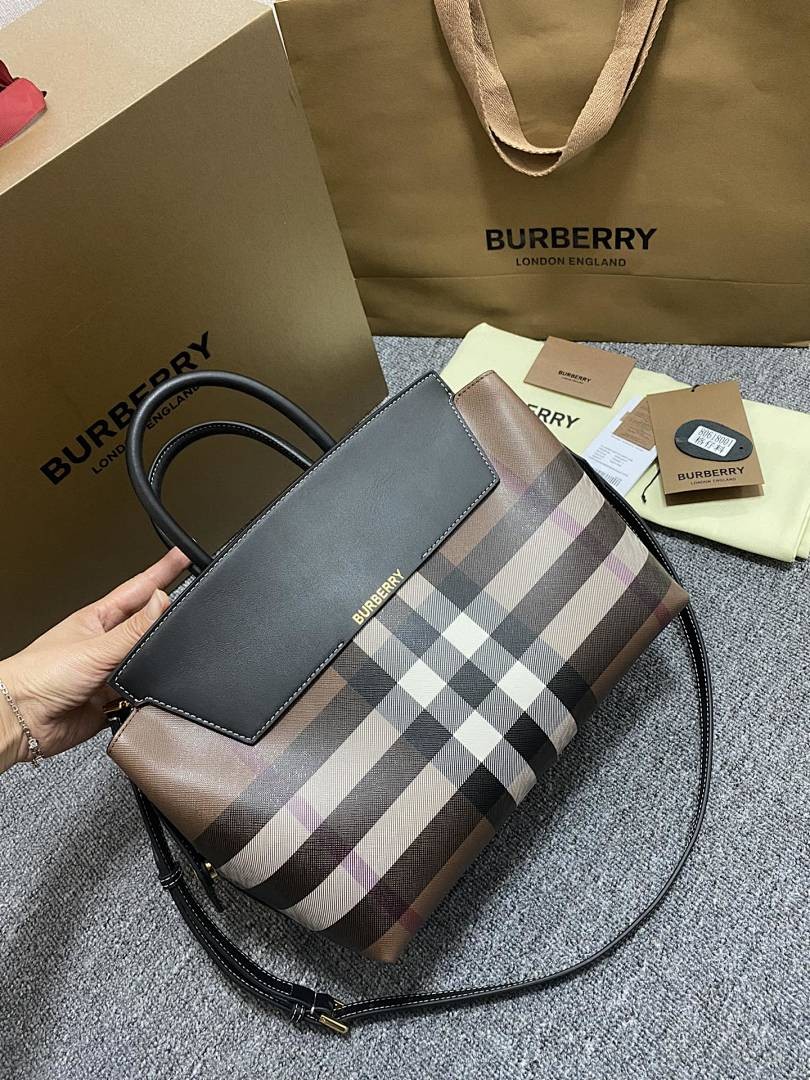 BURBERRY MEDIUM TWO-HANDLE TITLE BAG IN VINTAGE CHECK AND LEATHER