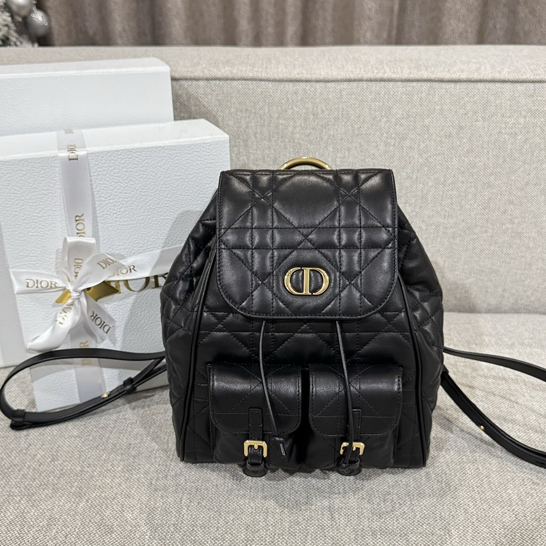 DIOR CARO BACKPACK BLACK QUILTED CANNAGE CALFSKIN